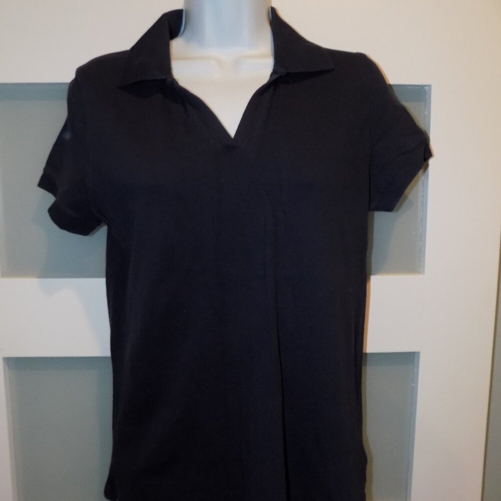 St. John's Bay Navy Blue SS V-Neck Stretch Collared Polo Shirt Size M Petite